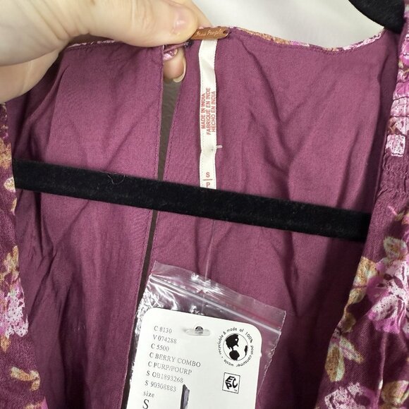 Free People Mini Dress Floral Long Sleeve Purple Boho Smocked Size Small NWT - Picture 7 of 10
